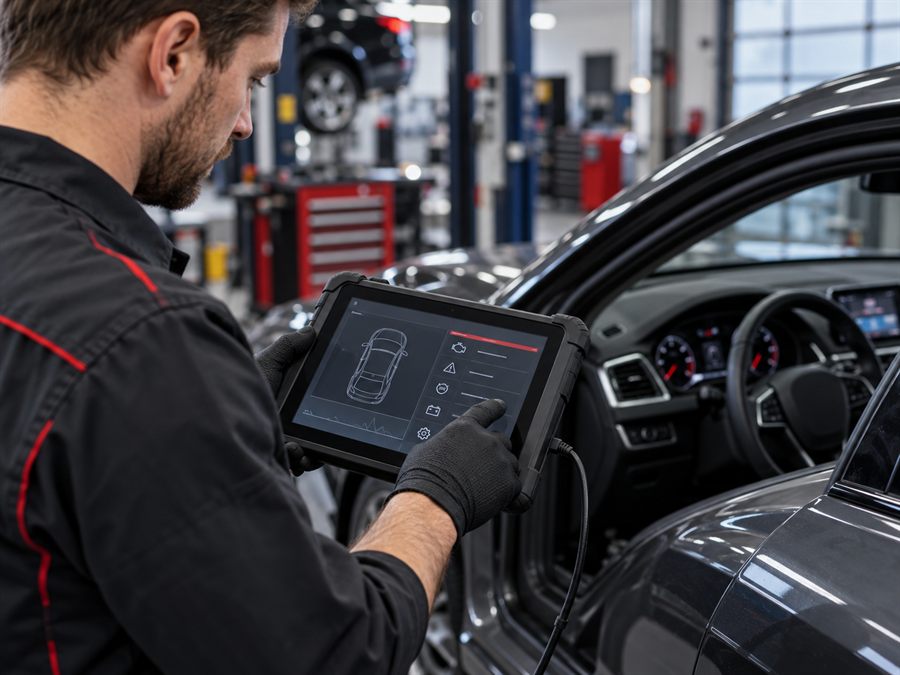 Técnico a realizar um diagnóstico eletrónico num automóvel