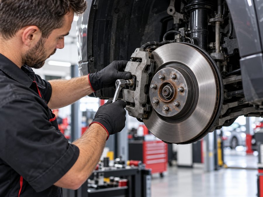 Mecânico a trabalhar no sistema de travagem de um automóvel