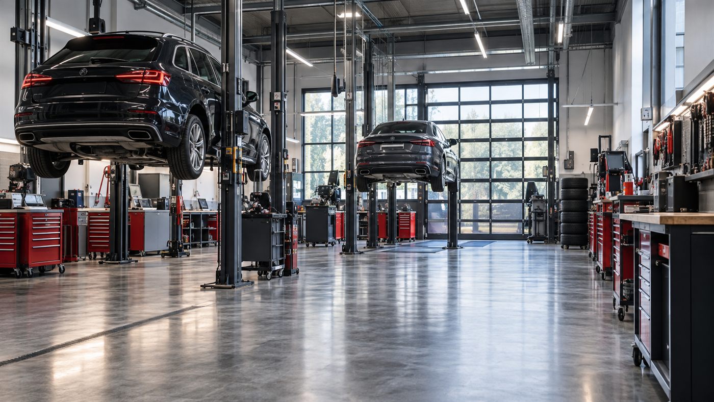 Oficina automóvel moderna, ampla e organizada